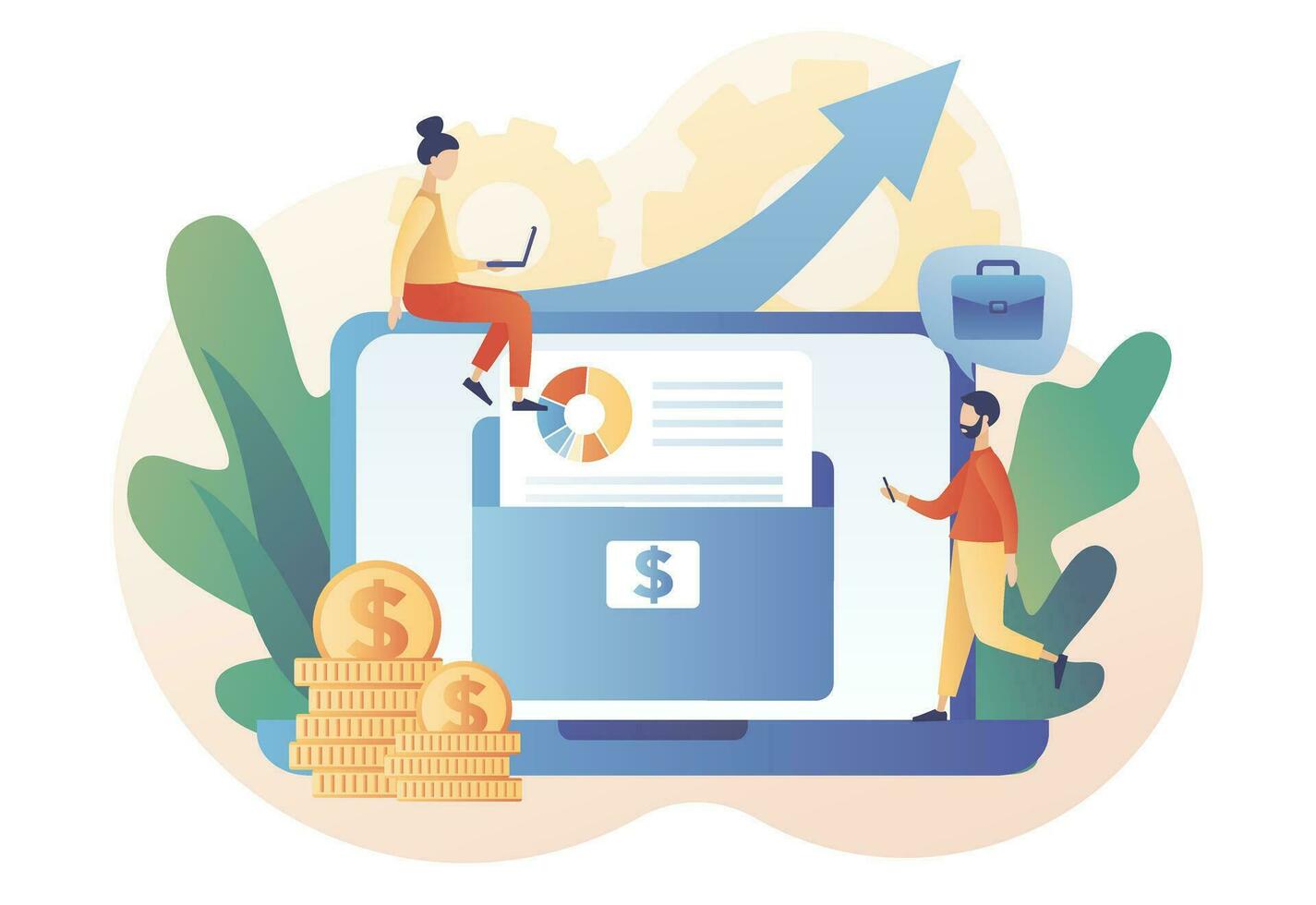 Tiny people with stock portfolio planning invest strategy, savings and budgets. Investment portfolio online. Diversified assets. Financial management concept. Modern flat cartoon style. Vector