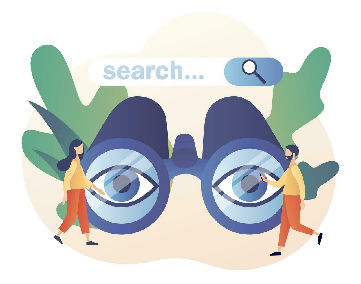 Tiny people browsing online information, surfing internet with binocular. Search bars. SEO concept. Modern flat cartoon style. Vector illustration on white background