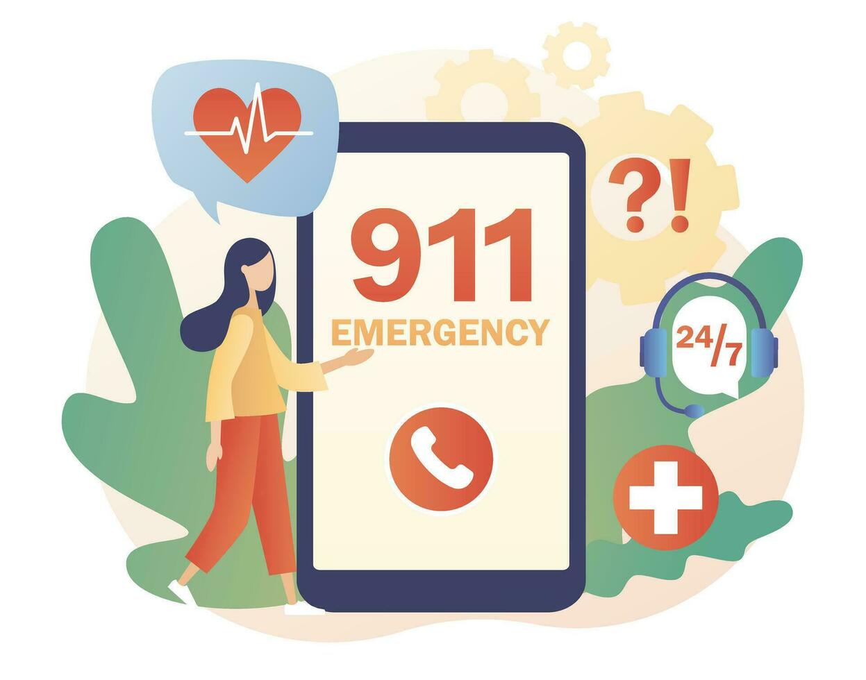 911 emergencia llamada en teléfono inteligente aplicación asistente gerente en línea. ambulancia servicio. línea directa llamada centro. moderno plano dibujos animados estilo. vector ilustración en blanco antecedentes