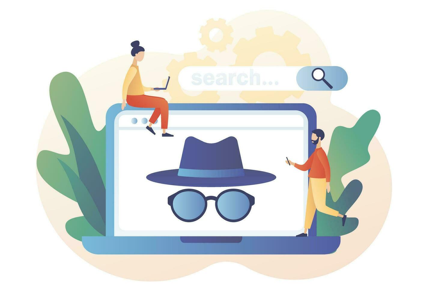 Incognito mode concept. Anonymous search on laptop. Browse in private. Online privacy and personal data protection. Confidential information. Modern flat cartoon style. Vector illustration