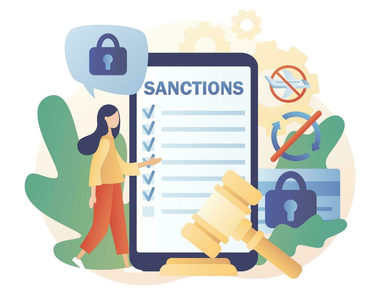 Economic sanctions on smartphone screen. Protect International law. Country peace and security. Limit, ban or stop trading. Political concept. Modern flat cartoon style. Vector illustration