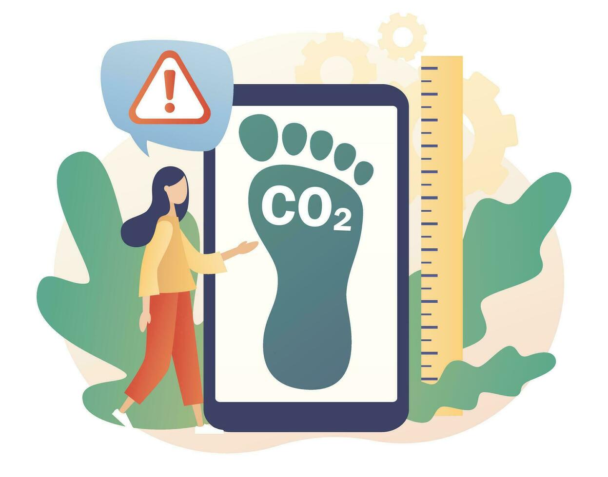 Co2 emission environmental impact concept. Tiny woman measure huge carbon footprint pollution. Dangerous dioxide effect on planet ecosystem. Modern flat cartoon style. Vector illustration