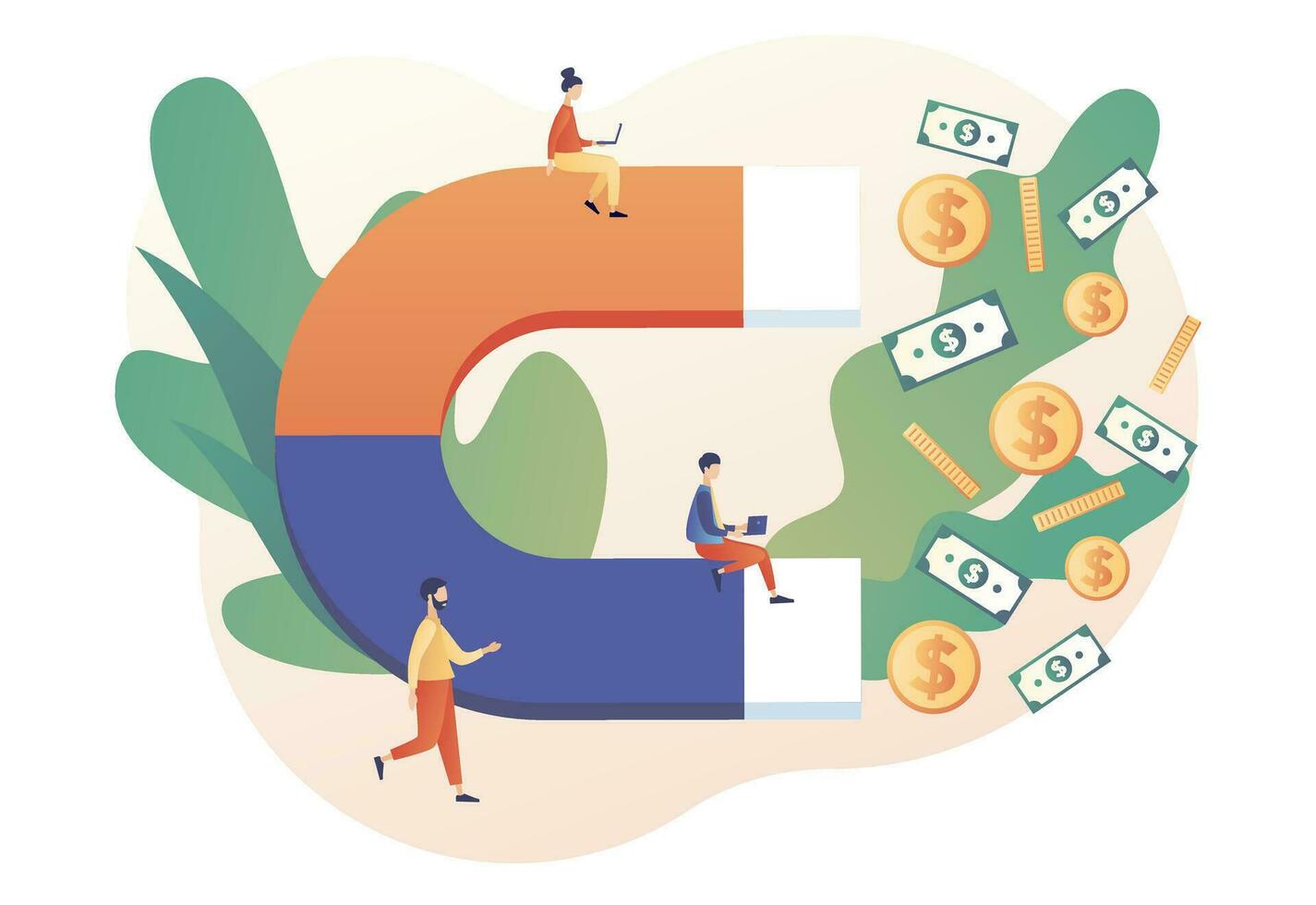 People with Money magnet. Magnet power attracting golden coins cash. Magnetic wealth power. Business opportunity increase wealth. Modern flat cartoon style. Vector illustration on white background