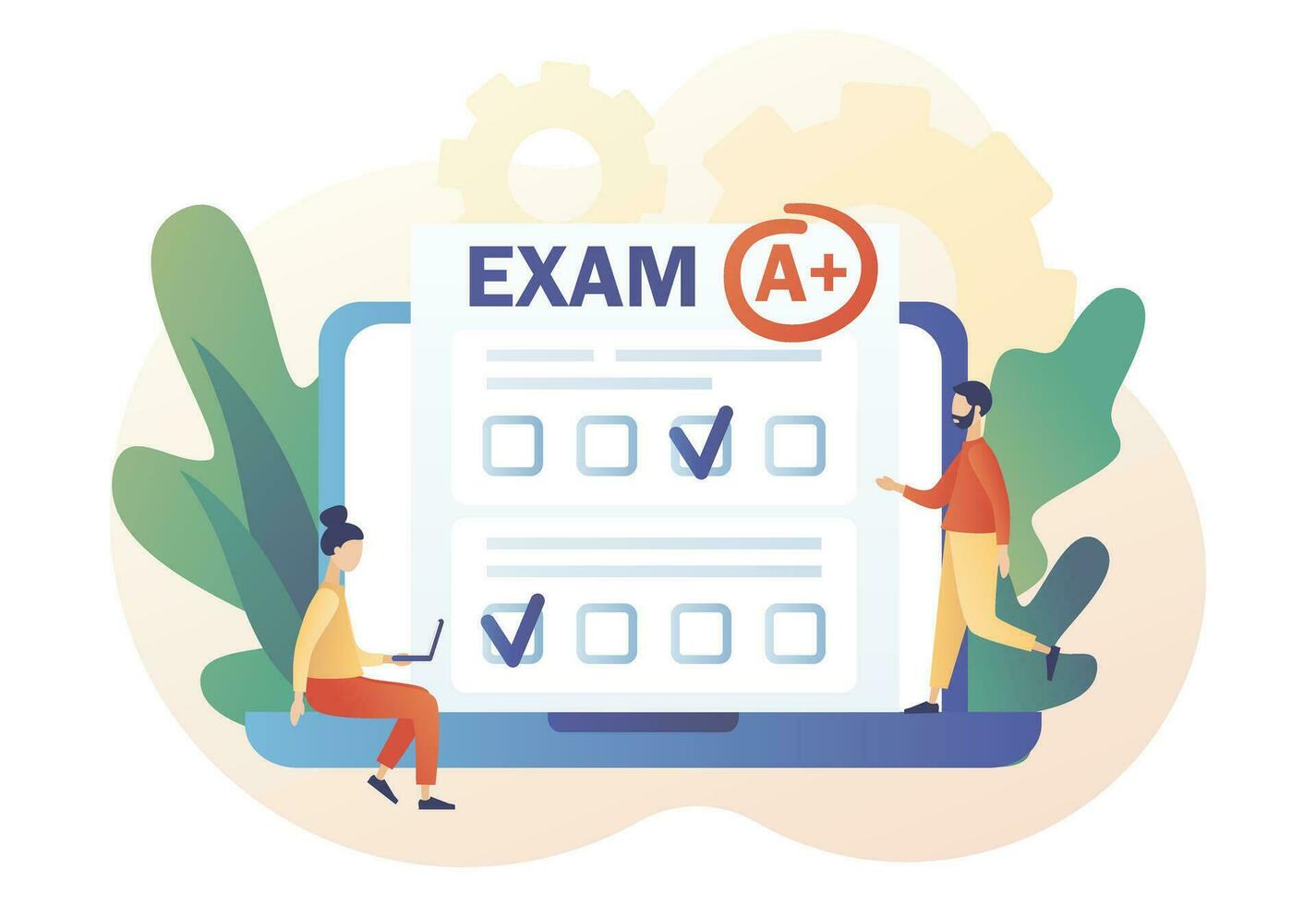 Online exam. Education, studying, Digital elearnning, degree, graduate concept. Tiny students with test exam result on laptop. Modern flat cartoon style. Vector illustration on white background