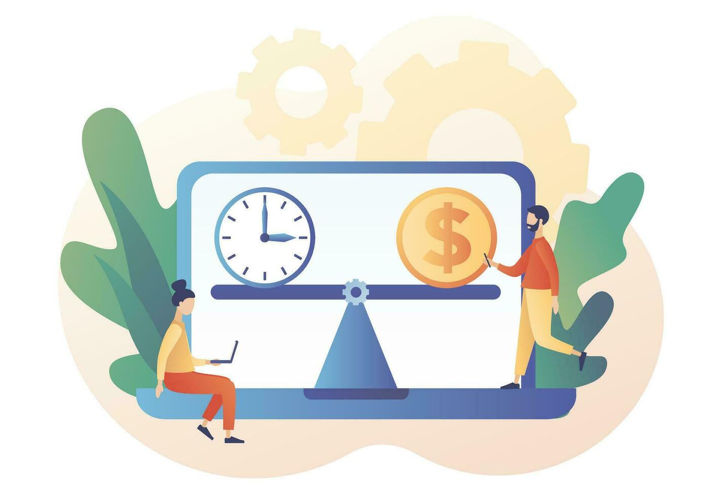 hora es dinero. dinero y hora equilibrar en escala peso. negocio concepto. hora administración en línea. moderno plano dibujos animados estilo. vector ilustración en blanco antecedentes