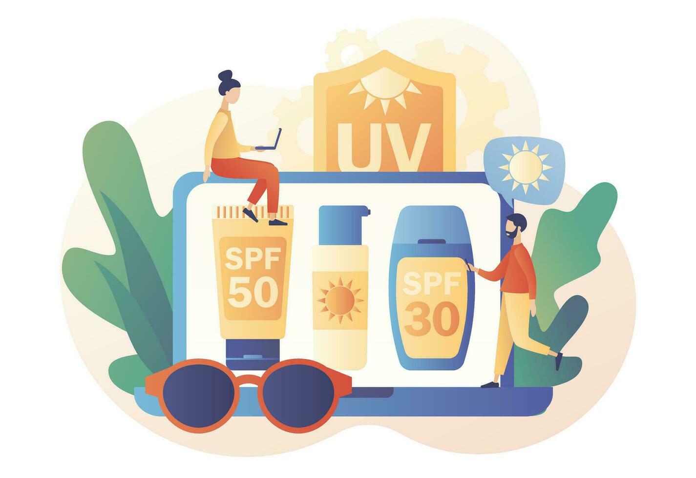 UV protection concept. Tubes and bottles of sunscreen cream, lotion, gel. SPF shield. Products with different SPF levels. Modern flat cartoon style. Vector illustration on white background