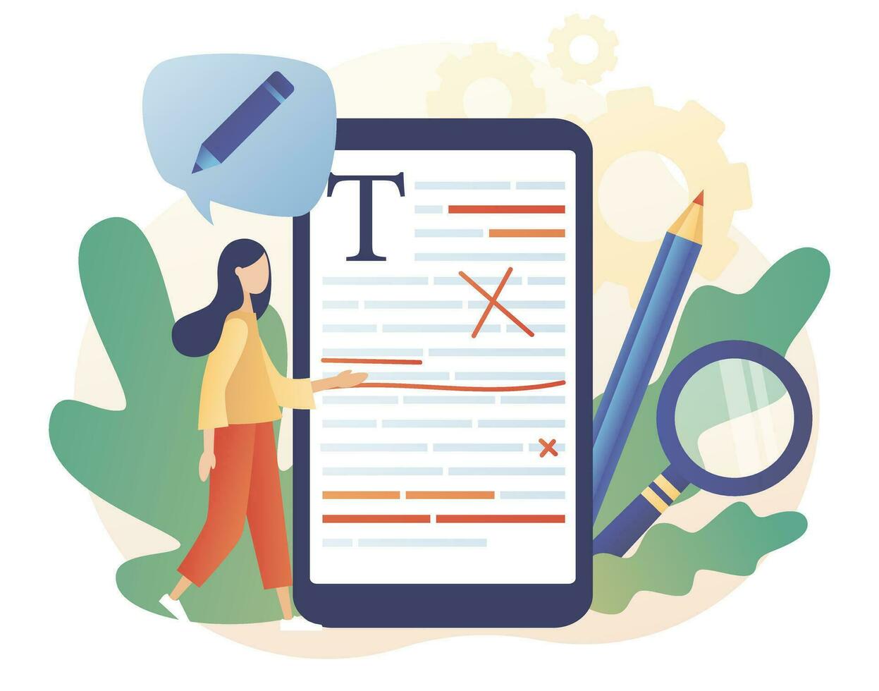 Editor and copywriting services online. Tiny woman copywriter checking grammar and spelling document page. Editing in smartphone app. Modern flat cartoon style. Vector illustration