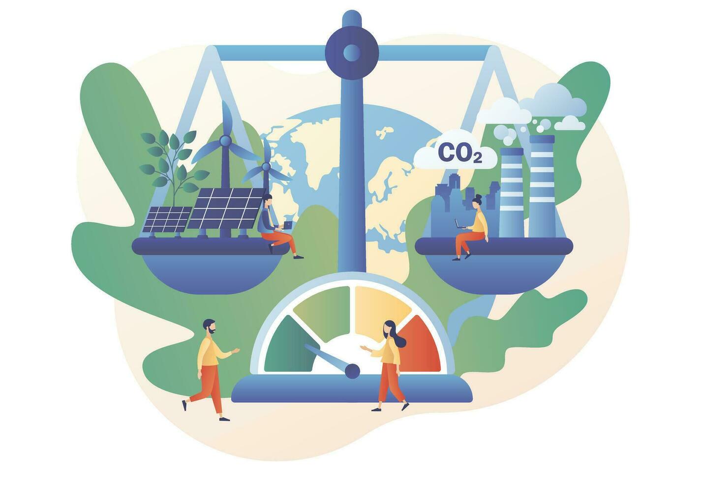 Reduce emission CO2. Scales with ecofriendly and factory. Sustainability concept. Net zero emissions and carbon dioxide neutral balance. Modern flat cartoon style. Vector illustration