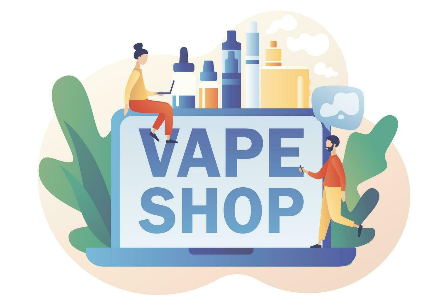 Vape Shop online. Electronic cigarette products. Alternative smoking device. Analog nicotine intake. Vaping concept. Dangerous addiction. Modern flat cartoon style. Vector illustration