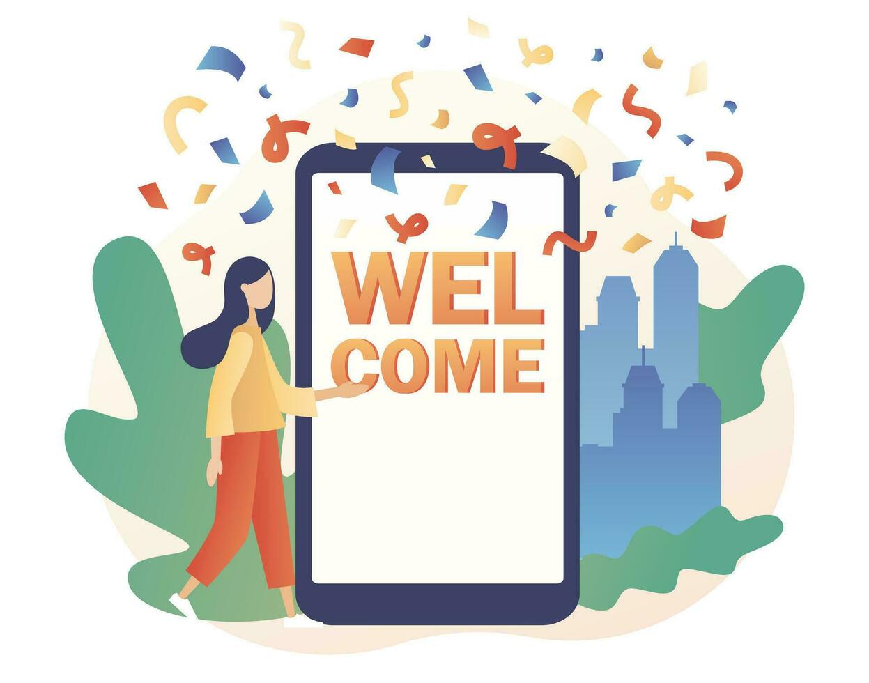 Welcome concept. Friendly team happy to new team member. Event, celebrate, meeting, greeting online. Modern flat cartoon style. Vector illustration on white background