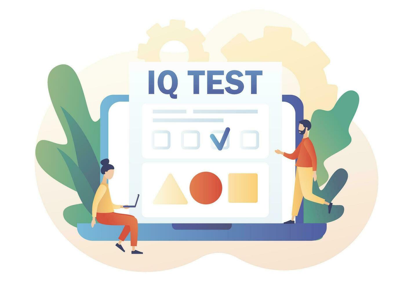 Tiny people determine cognitive abilities online. IQ test. Intelligence Quotient. Modern flat cartoon style. Vector illustration on white background