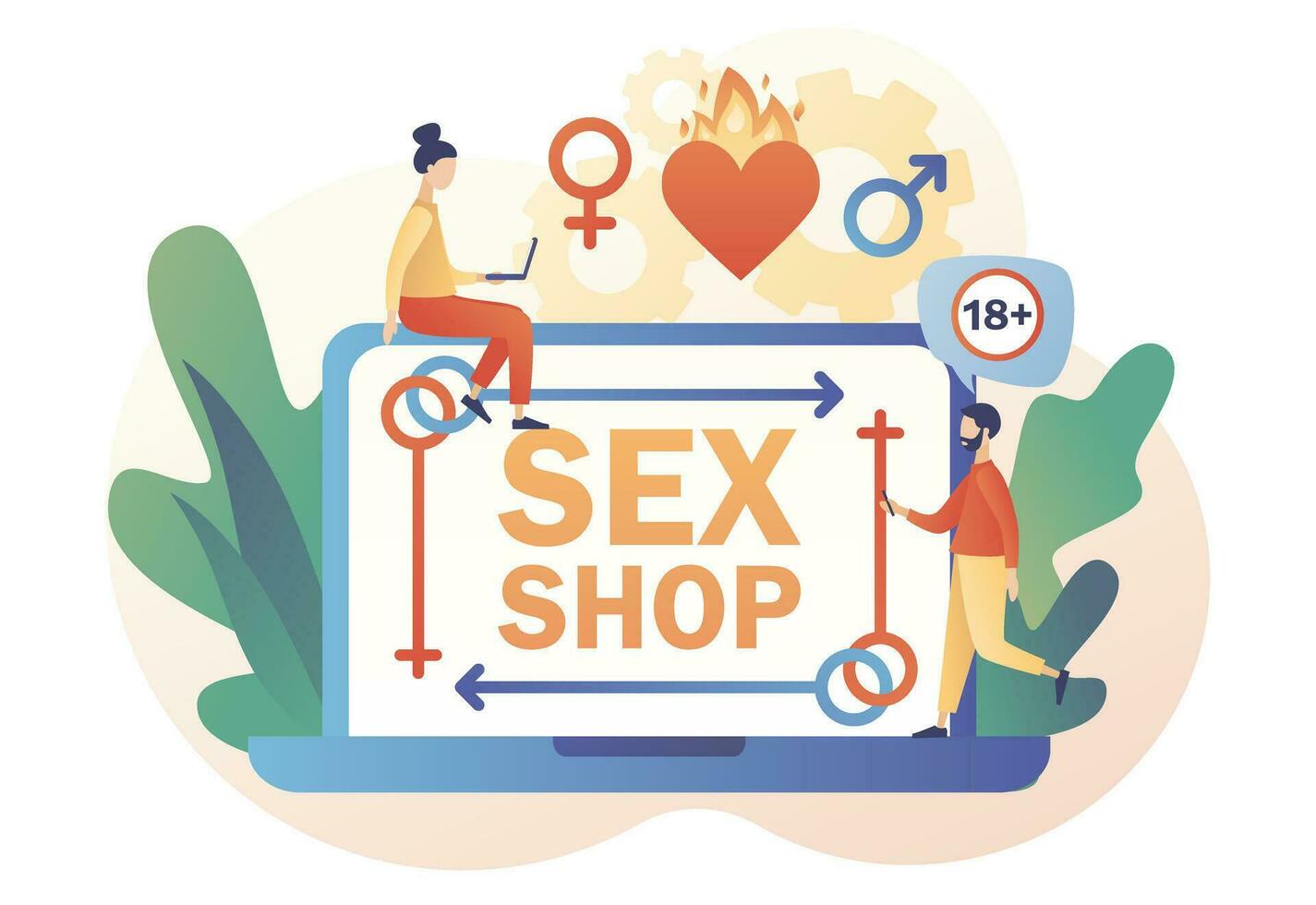 Online sex shop. Adult store web site. Female and male sex symbol. Erotic concept. Modern flat cartoon style. Vector illustration on white background