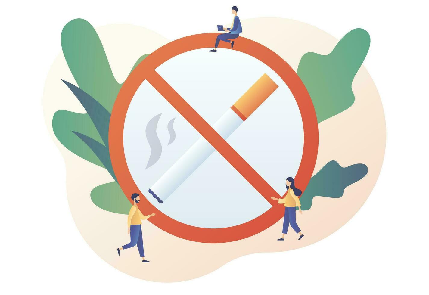 No smoking. Rejection of nicotine, stop smoke, healthy habits. Crossed out sign with cigarette. Modern flat cartoon style. Vector illustration on white background