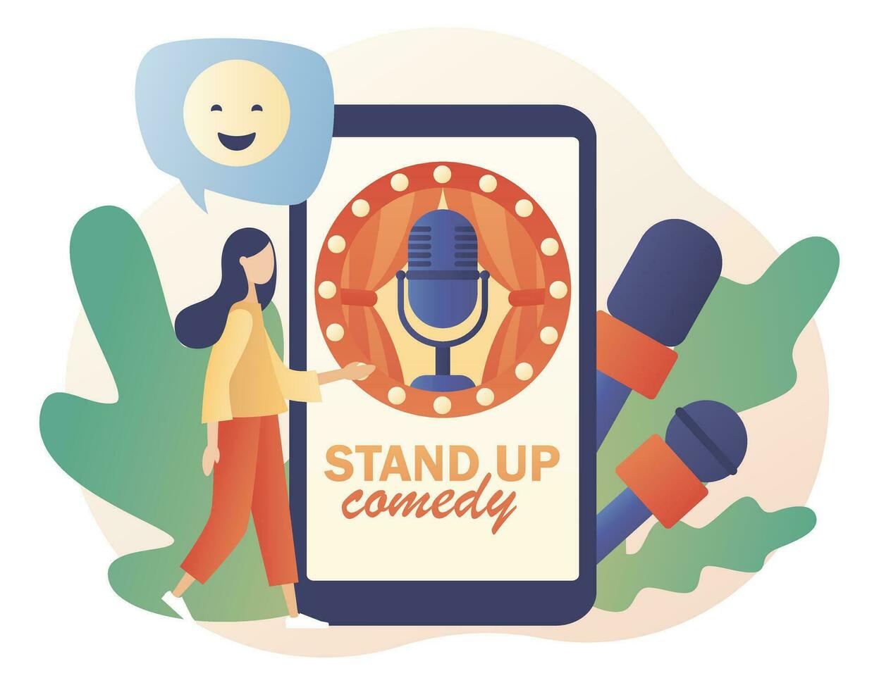 Stand Up comedy show. Invitation to Comedy concert in smartphone app. Open mic. Modern flat cartoon style. Vector illustration on white background