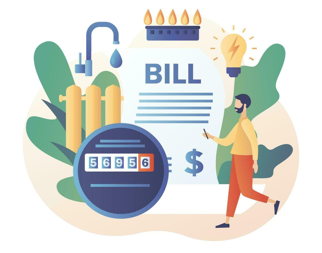 Household services. Utility bills. Regular payments as gas, water, electricity, heating. Saving resources concept. Modern flat cartoon style. Vector illustration on white background