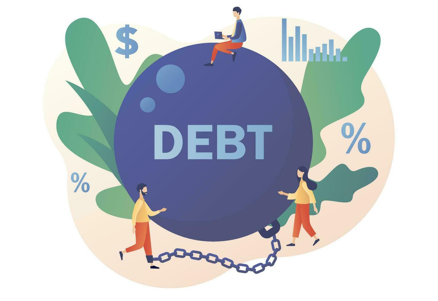 Tiny man chained by huge weight debt metal ball have financial problems. Money debts concept. Banking, bankruptcy, finance. Modern flat cartoon style. Vector illustration on white background