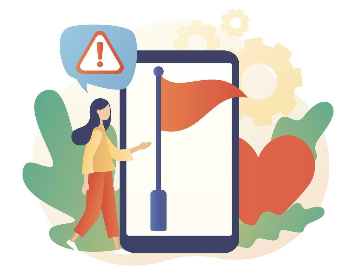 Red flag warning on smartphone screen. Metaphor problem, trouble and difficulty. Attention or alert for threat in relationships, partnership, business. Modern flat cartoon style. Vector illustration