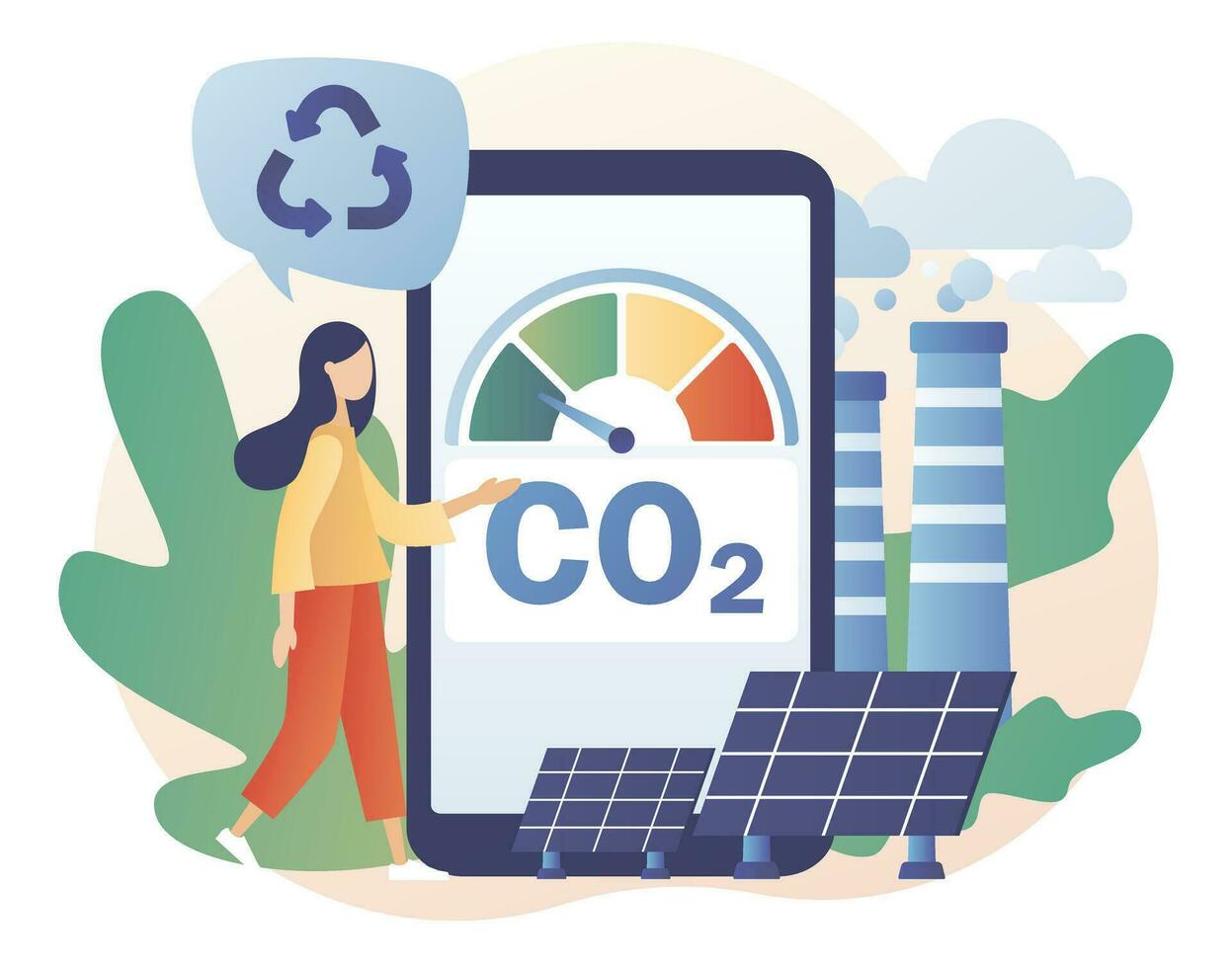 Reduce emission CO2. Carbon offset compensation. Net zero emissions and carbon dioxide neutral balance. Sustainability concept. Modern flat cartoon style. Vector illustration on white background