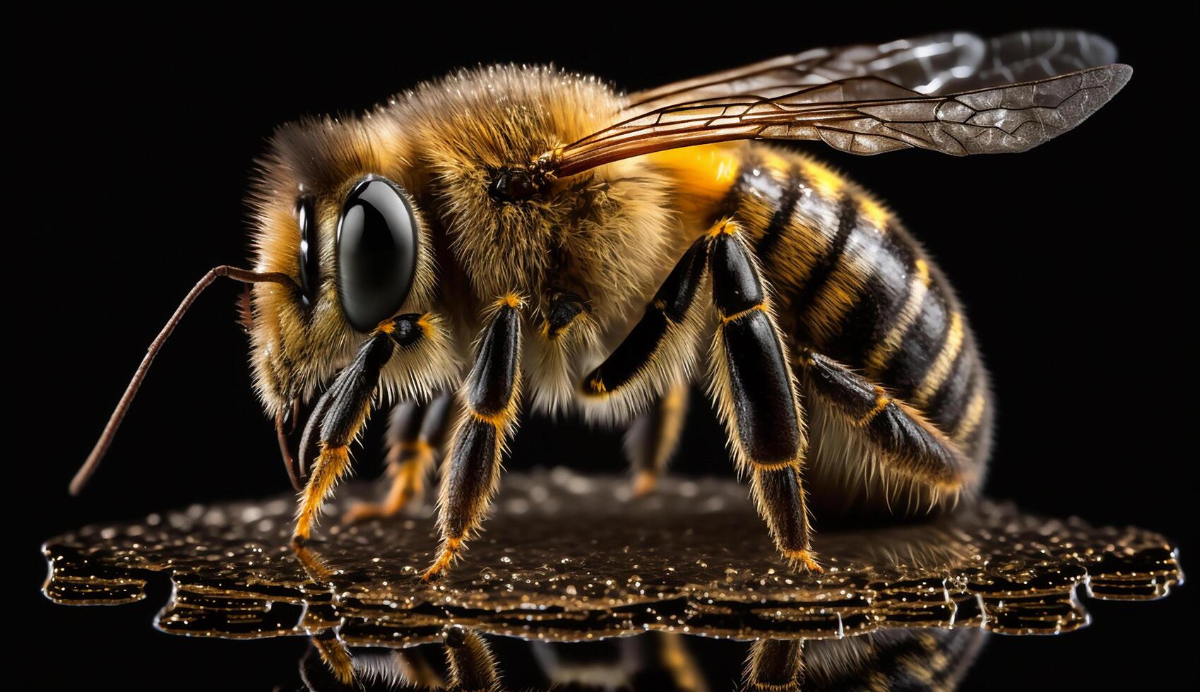 Honey Bee on dark background, Close Up Macro. photo