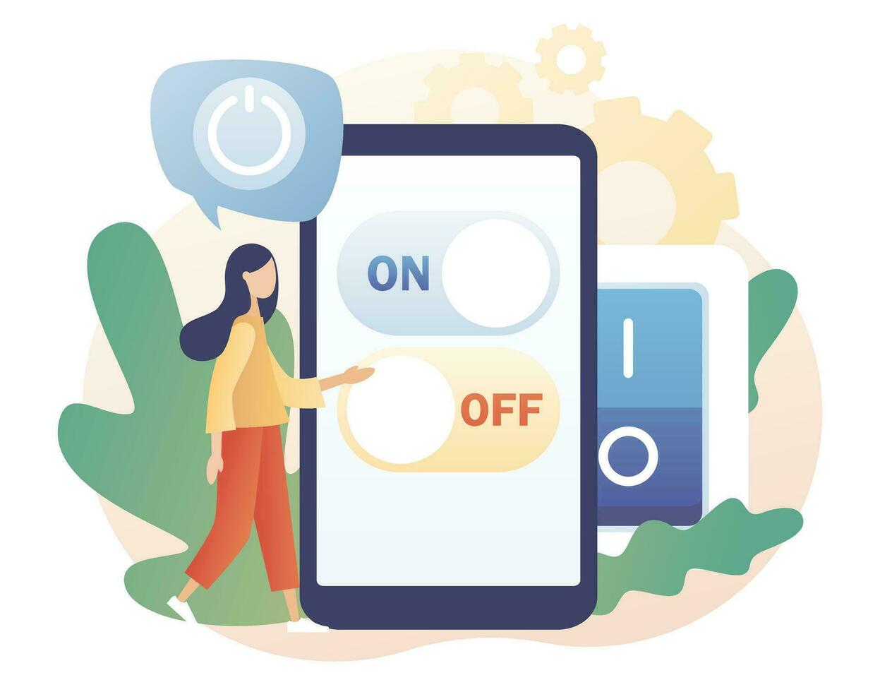 On Off button on smartphone screen. Characters turning off and turning on devices. Tiny woman press switch. Save energy concept. Modern flat cartoon style. Vector illustration on white background