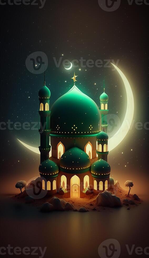 Mosque in the clouds with crescent moon. photo