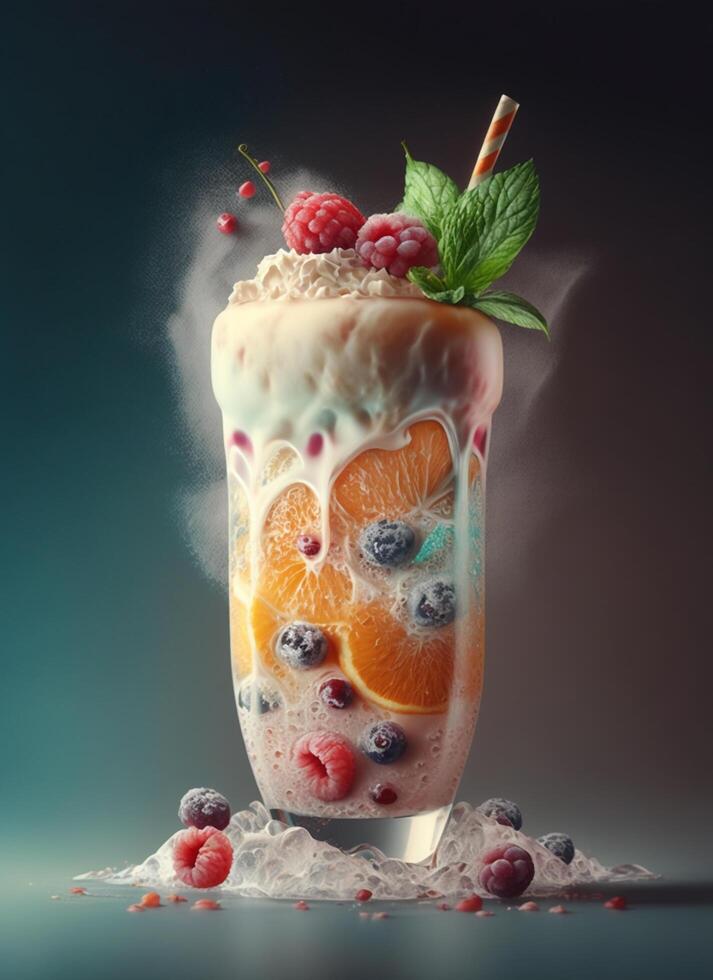 Fresh juice and smoothies with berries, fruits on dark background. AI Generative photo