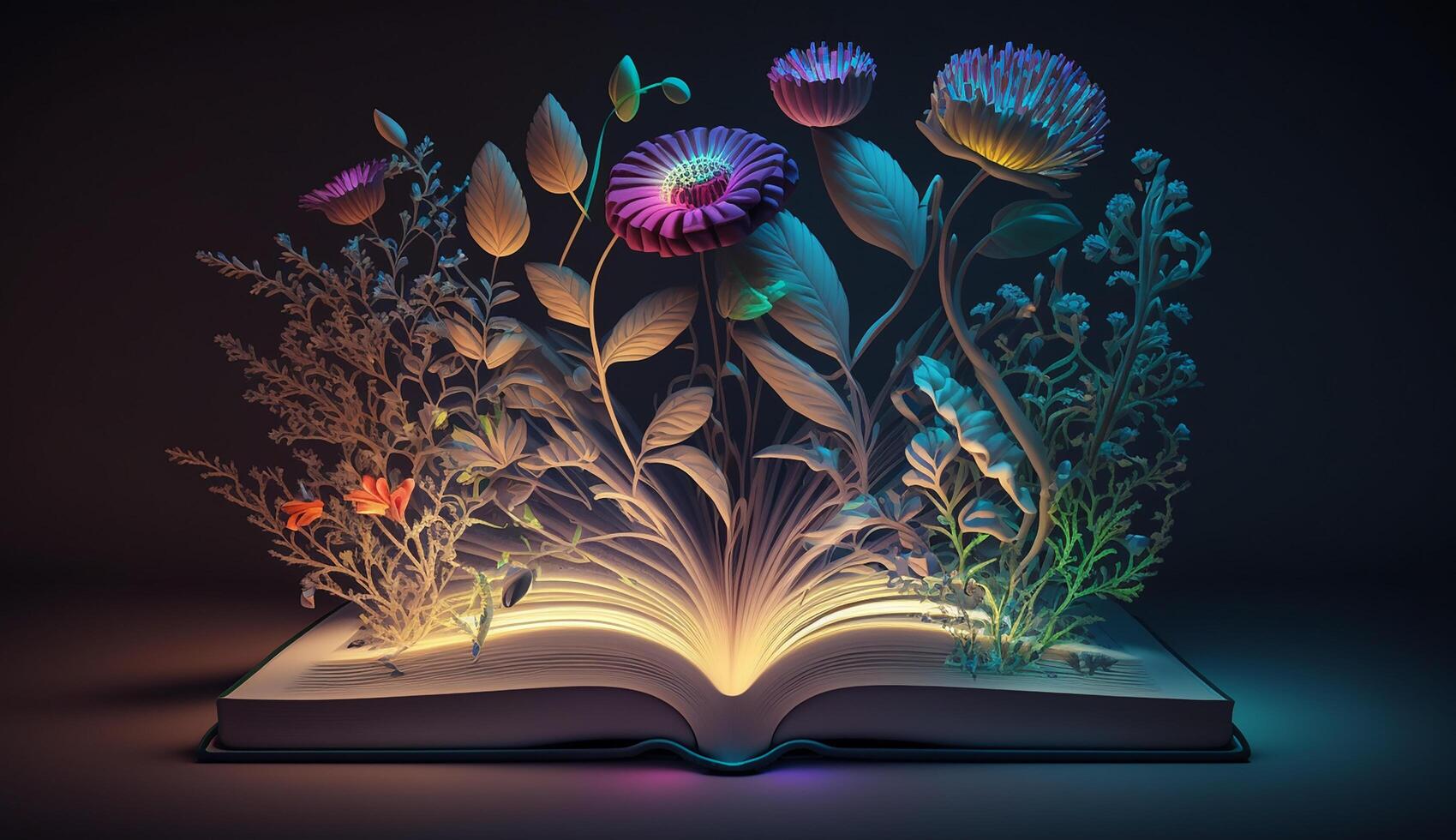 Book with flowers neon glow, concept of knowledge and education created with photo