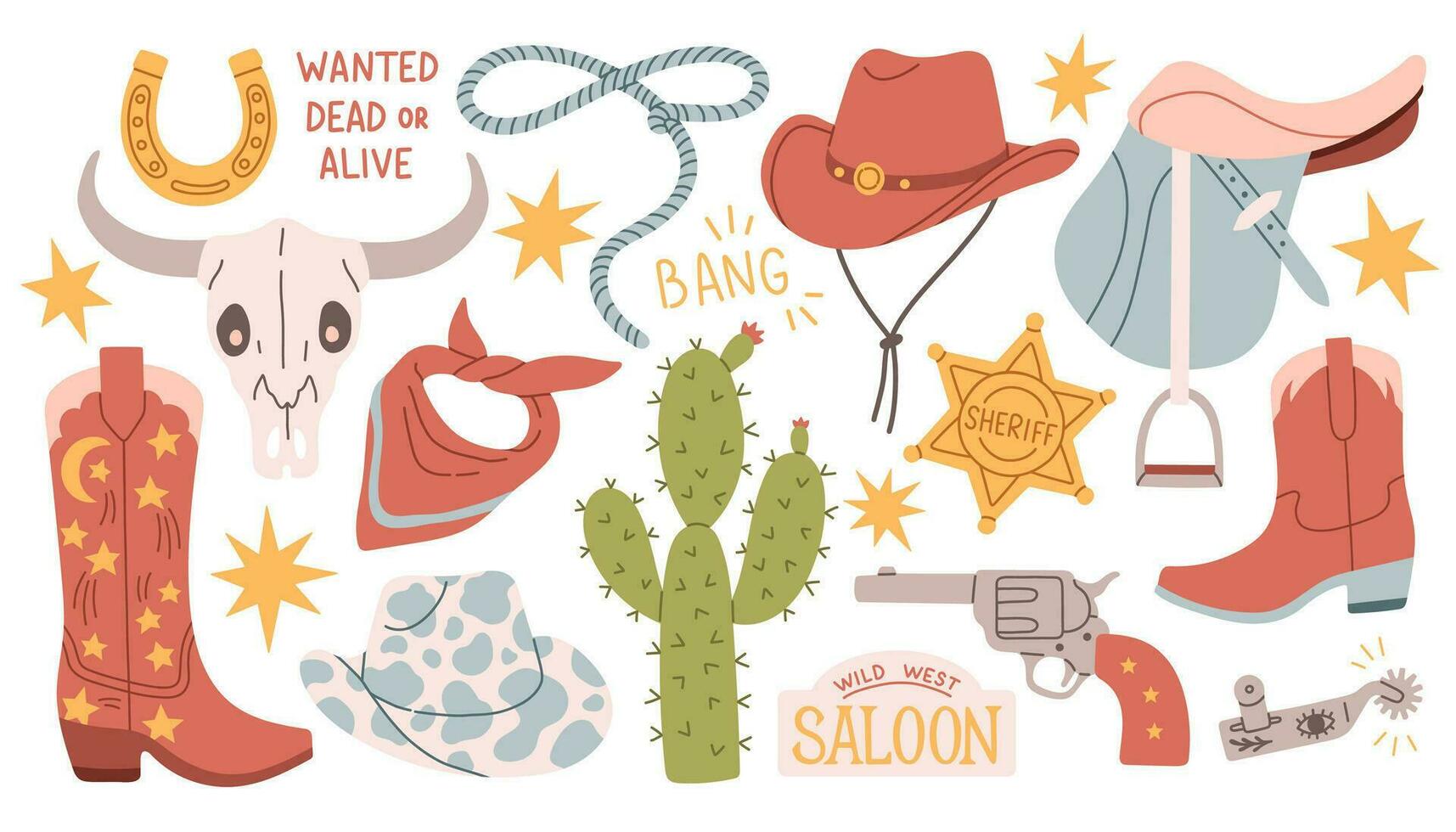 Wild west set. Flat design set with cowboy hat boots handgun cactus lasso saloon signboard cow skull horseshoe saddle on white background isolated vector illustration