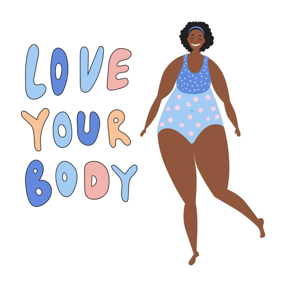 contento más Talla afro americano mujer en traje de baño aislado en blanco antecedentes. amor tu cuerpo 70s estilo letras vector