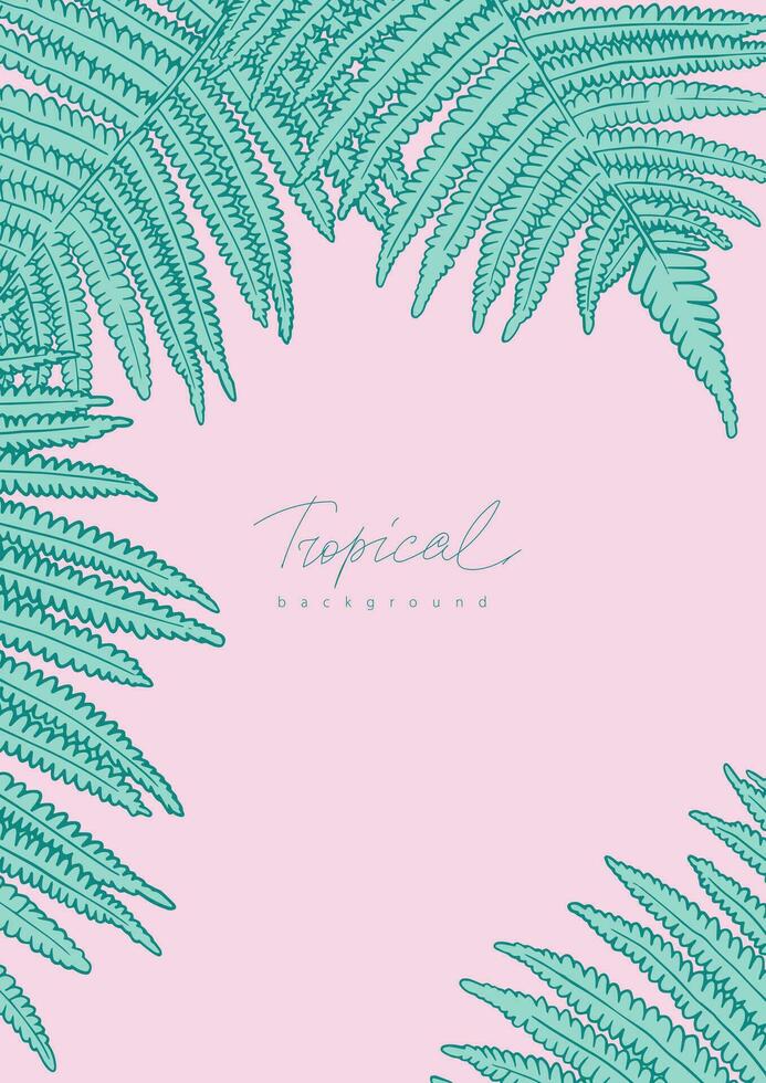 Tropical template with fern on pink background. Vertical banner with exotic leaves vector