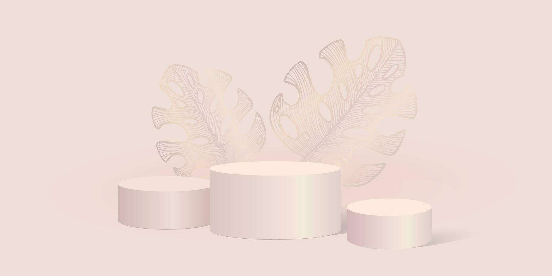 Light powder color podium background. Shiny tropical monstera leaves. Gentle product presentation stand vector