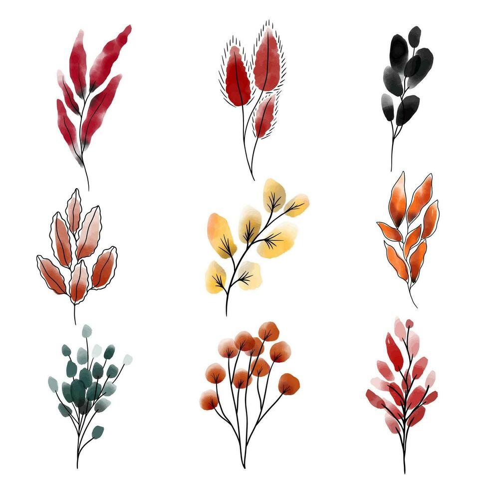Set with watercolor autumn branches, leaves and berries in japanese style isolated on white background vector
