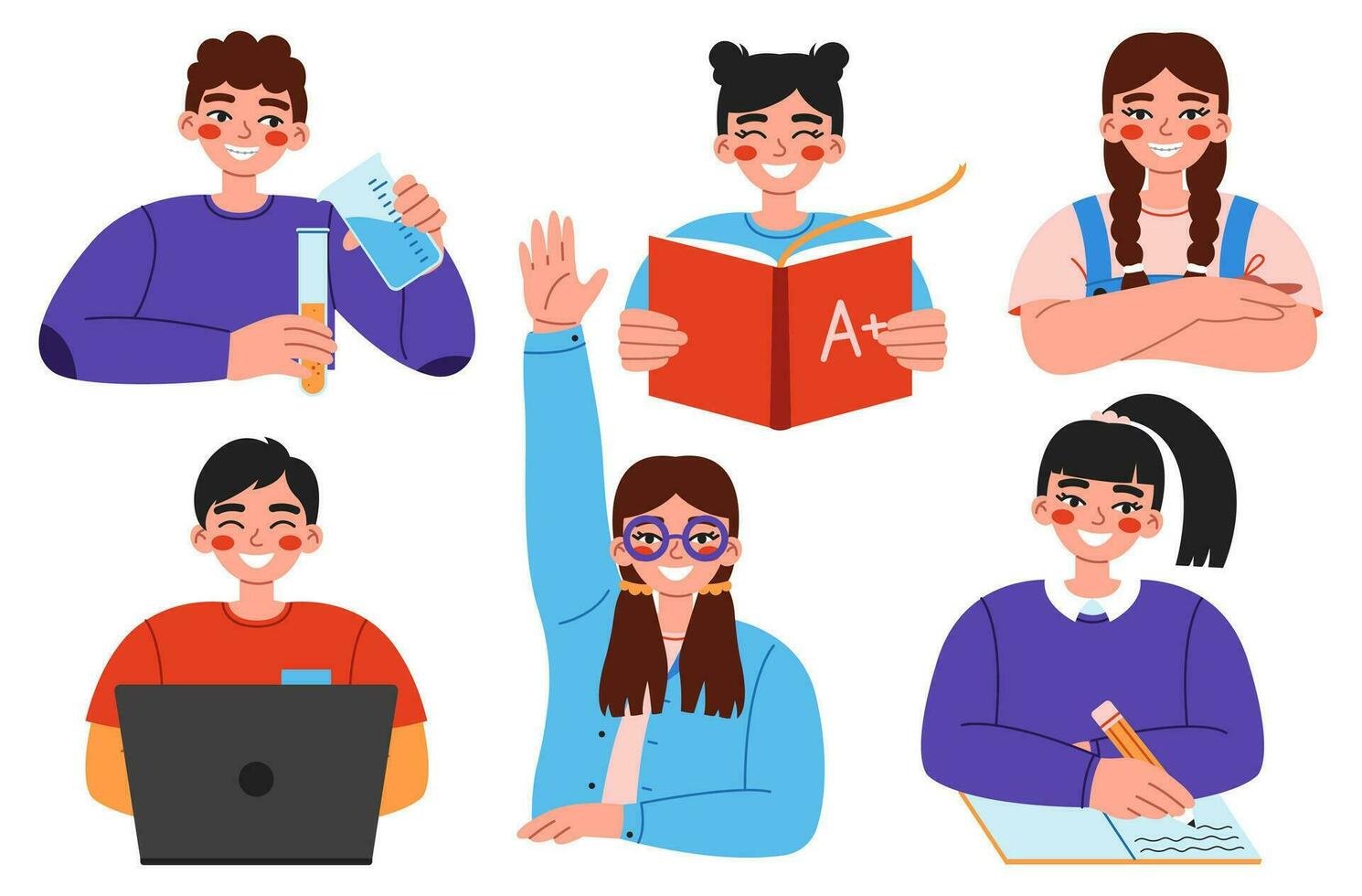 Smiling elementary school children set. Cheerful pupils cartoon characters reading, writing, raising arm, using laptop etc. vector