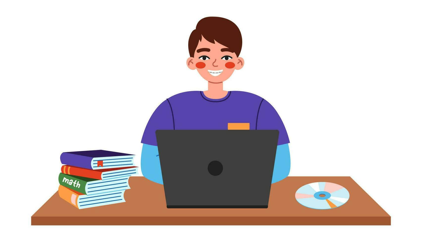 Cute school boy sitting at desk and using laptop on computer science lesson. Flat vector illustration on white background.