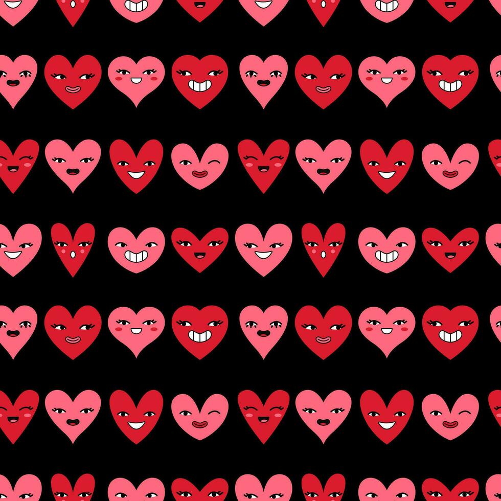 Seamless pattern with funny hearts for creative design on black background. vector