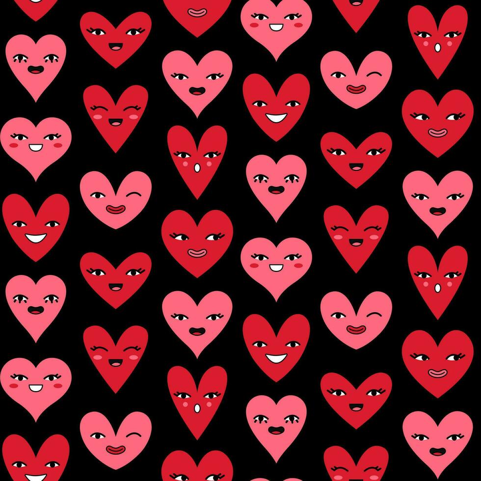 Seamless pattern with funny hearts for creative design on black background. vector