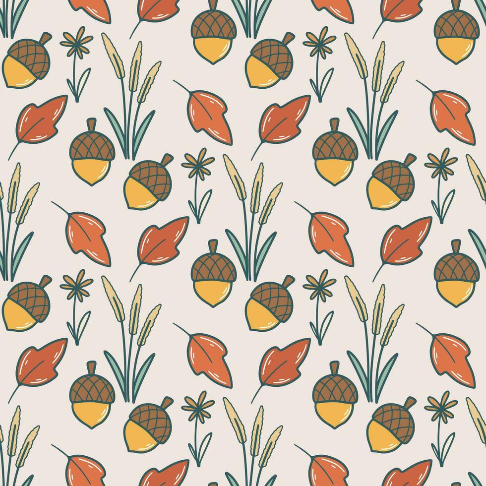 Cozy autumn seamless pattern with acorns, flowers and herbs vector