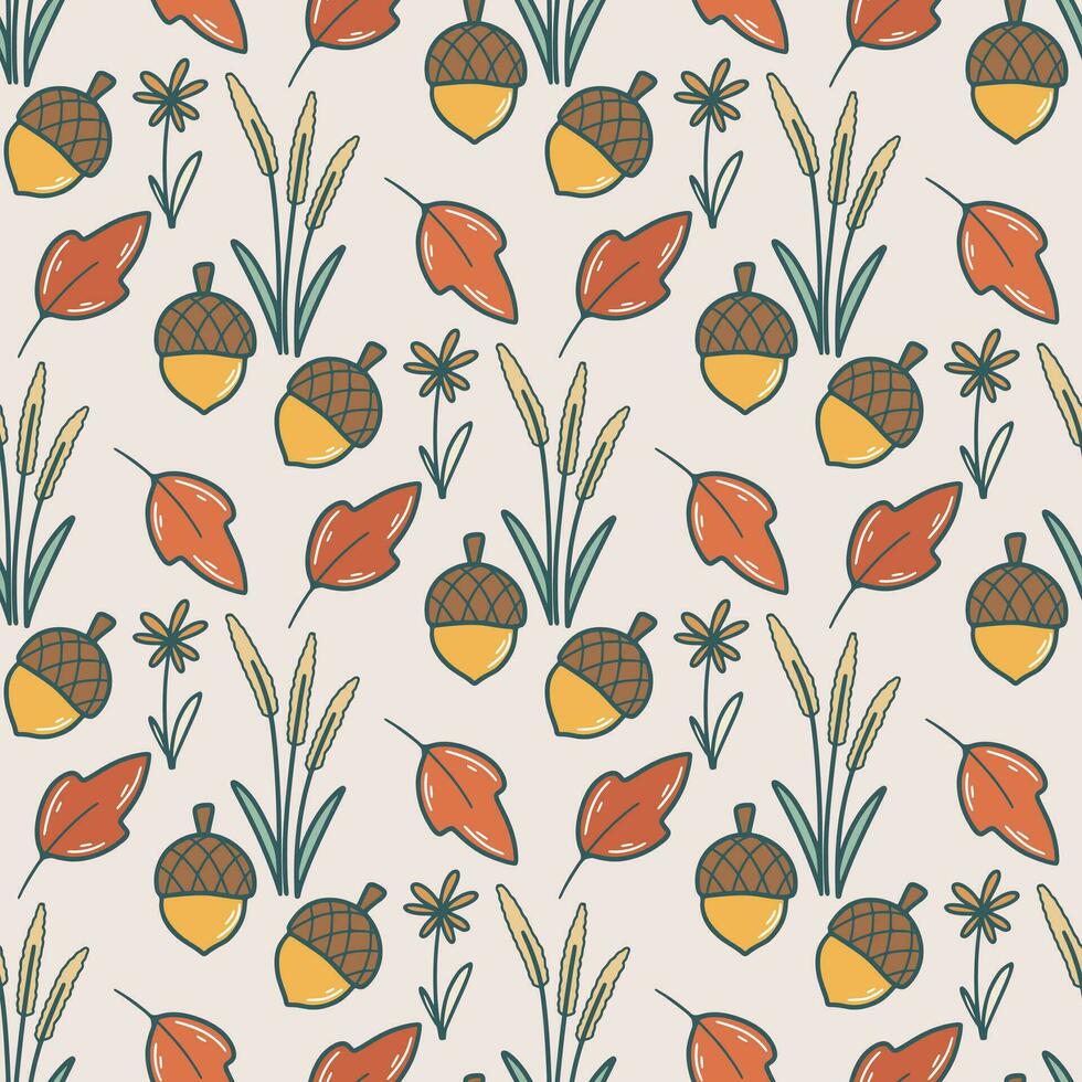 Cozy autumn seamless pattern with acorns, flowers and herbs vector