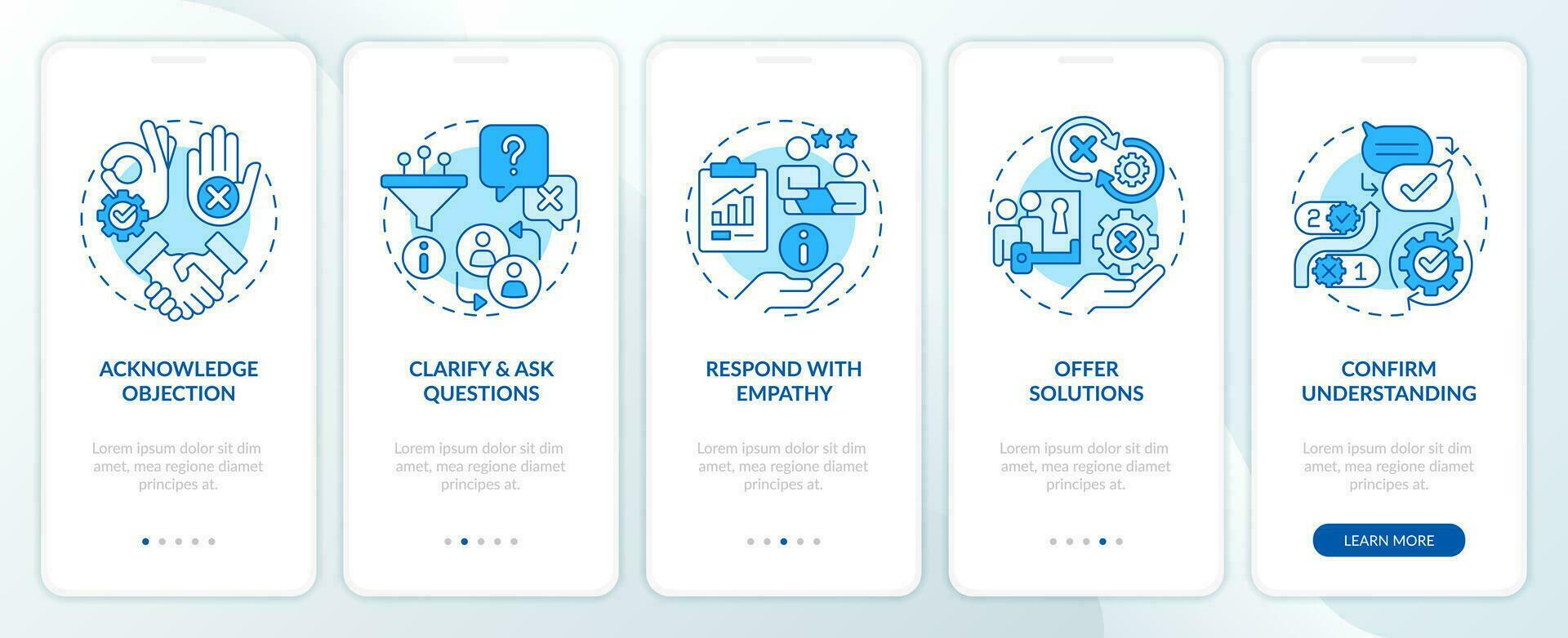 Objection handling process blue onboarding mobile app screen. Sales script walkthrough 5 steps editable graphic instructions with linear concepts. UI, UX template vector