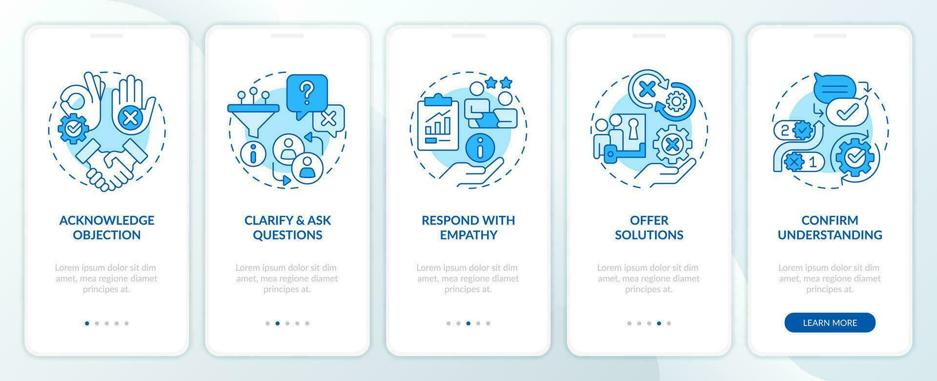 objeción manejo proceso azul inducción móvil aplicación pantalla. ventas guión recorrido 5 5 pasos editable gráfico instrucciones con lineal conceptos. ui, ux modelo vector