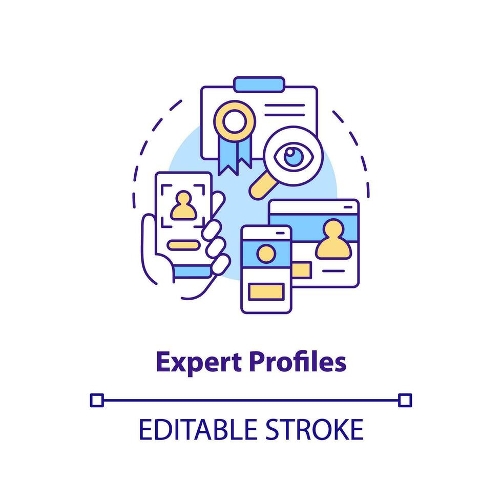 2D editable expert profiles thin line icon concept, isolated vector, multicolor illustration representing knowledge management. vector