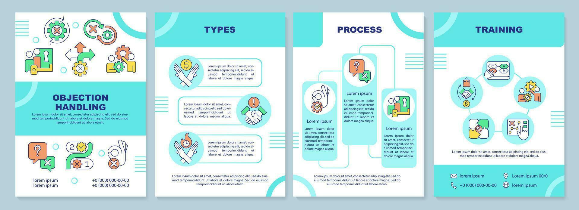 Objection handling blue brochure template. Sales strategy. Leaflet design with linear icons. Editable 4 vector layouts for presentation, annual reports