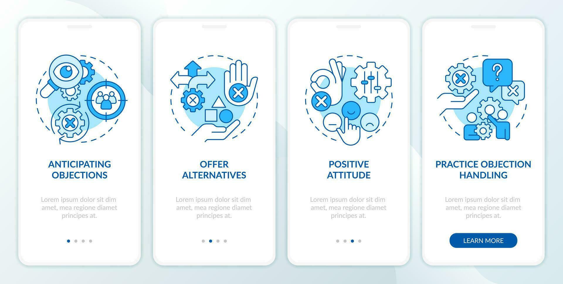 Objection handling methods blue onboarding mobile app screen. Sales skill walkthrough 4 steps editable graphic instructions with linear concepts. UI, UX template vector