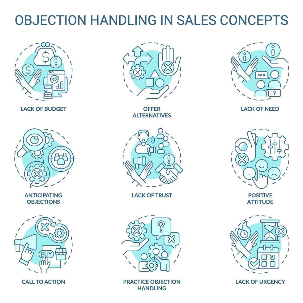 Objection handling in sales soft blue concept icons. Negotiation strategy. Closing deal. Selling process. Sales technique. Icon pack. Vector images. Round shape illustrations. Abstract idea