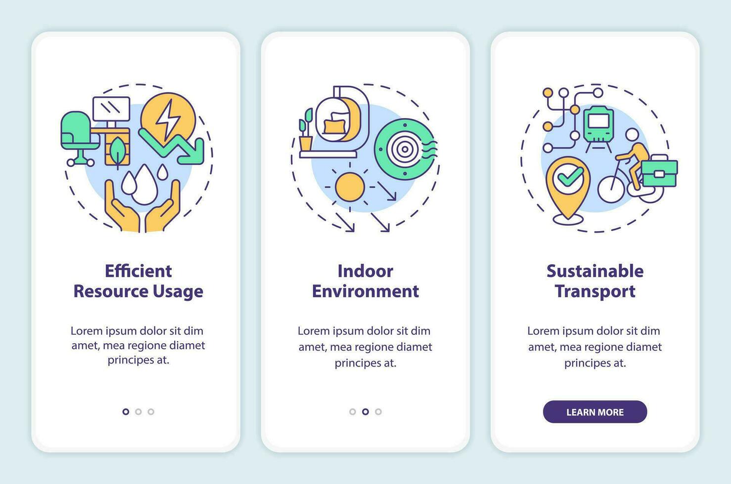 2D multicolor linear icons representing sustainable office mobile app screen set. 3 steps graphic instructions, UI, UX, GUI template. vector