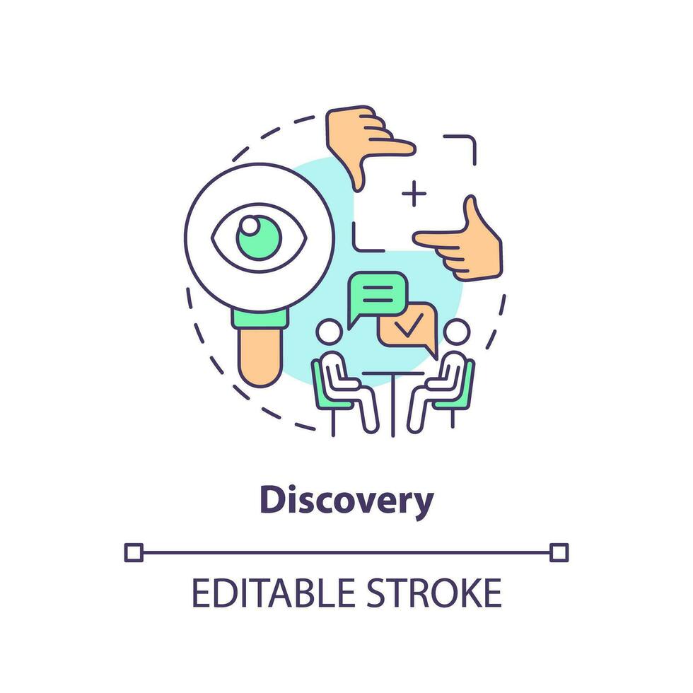 2D editable discovery thin line icon concept, isolated vector, multicolor illustration representing knowledge management. vector
