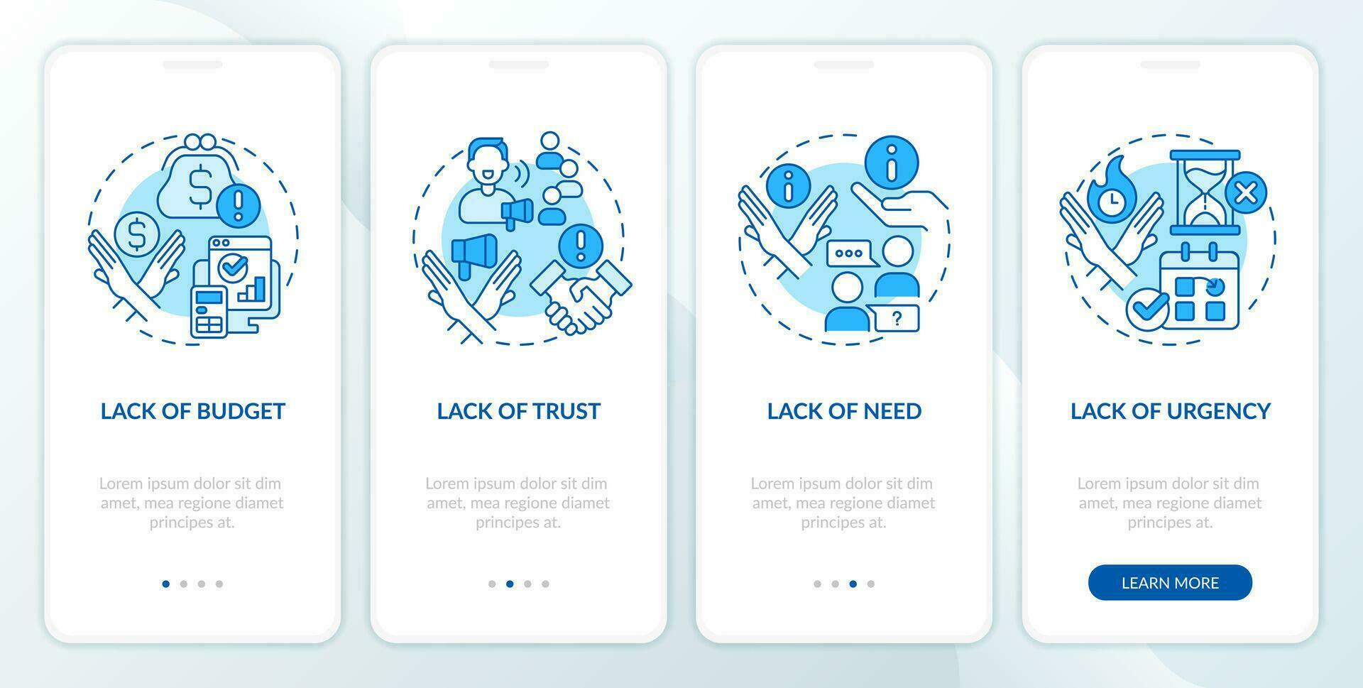 Types of objections blue onboarding mobile app screen. Sales negotiation walkthrough 4 steps editable graphic instructions with linear concepts. UI, UX template vector