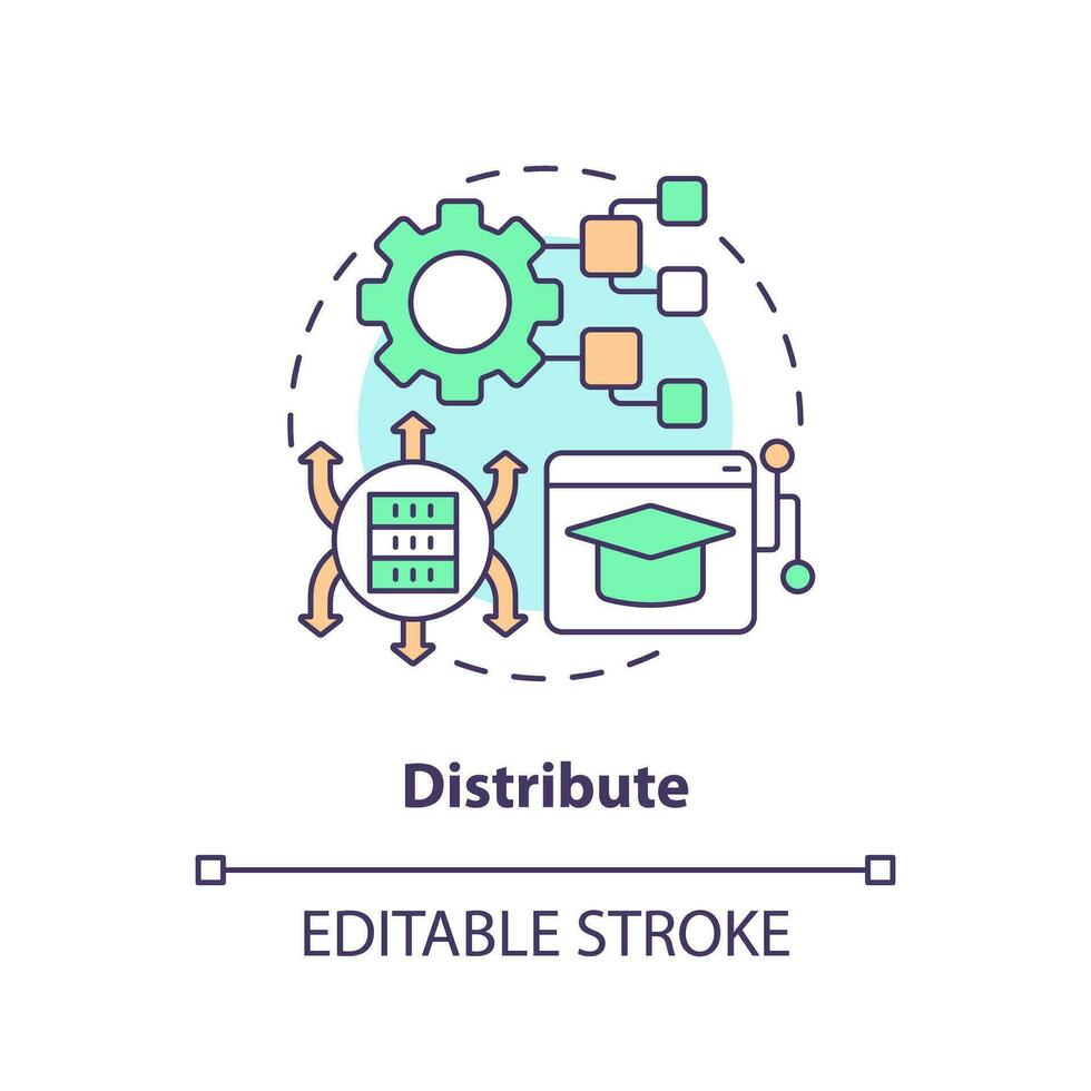 2D editable distribute thin line icon concept, isolated vector, multicolor illustration representing knowledge management. vector