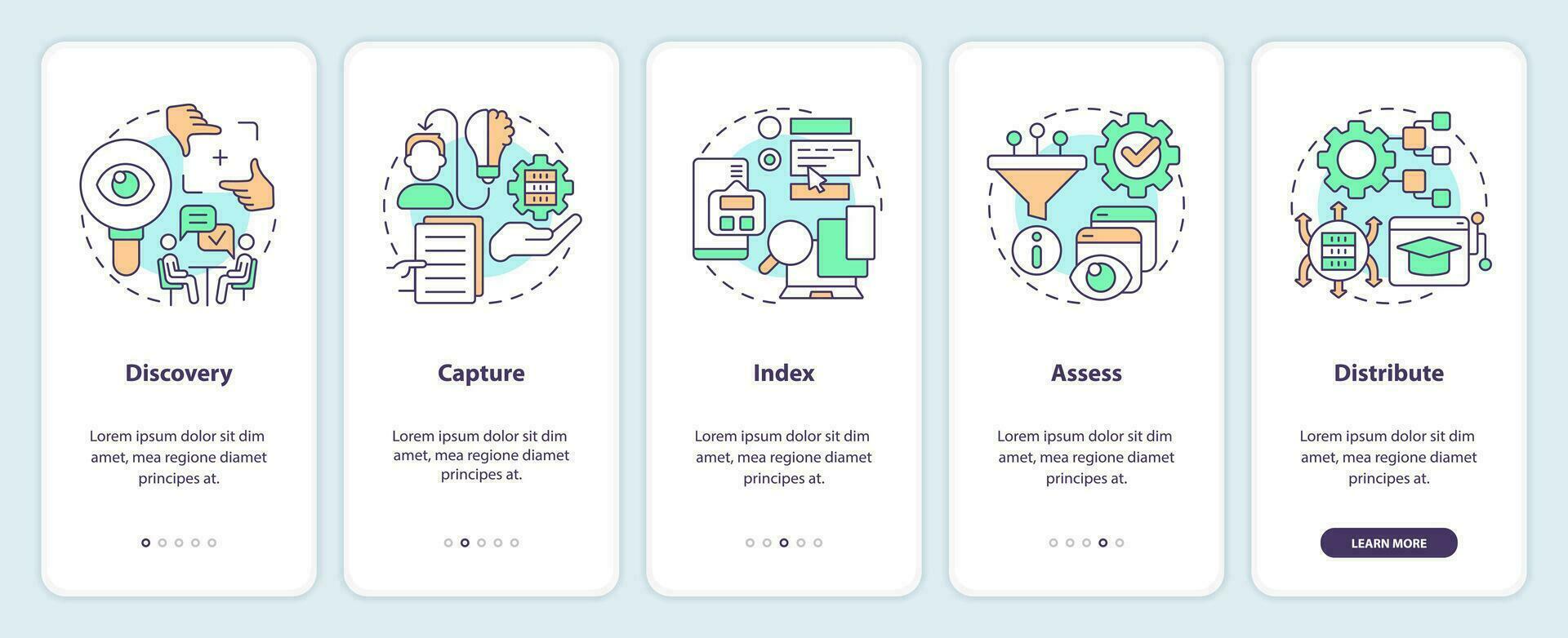 2D linear icons representing knowledge management mobile app screen set. 5 steps graphic instructions, UI, UX, GUI template. vector