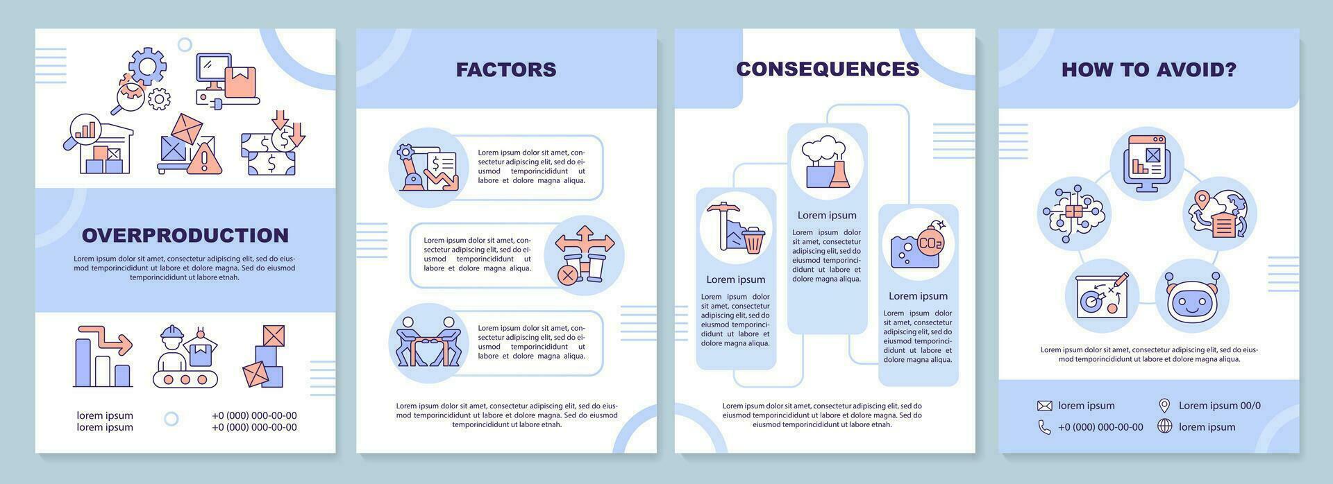 2D overproduction brochure template, leaflet design with thin line icons, 4 vector layouts.